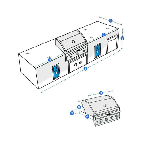 Diagram illustrating dimensions for installing Custom Fit Outdoor Kitchen Island Cover For Left Right And Straight Configurations.