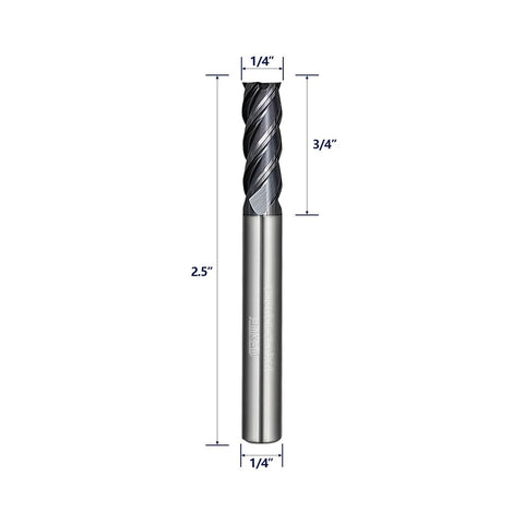 WEXWE carbide end mill, square 4-flute, 1/4" shank, 2.5" overall length