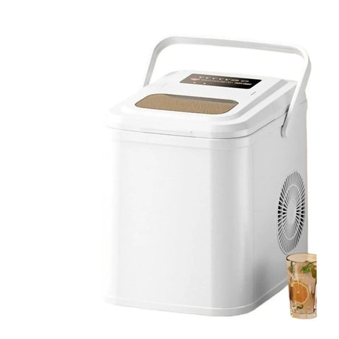 Slick Countertop Portable Nugget Ice Maker With Hella Quick Freezing Ability And Easy Self Cleaning System Holding Twenty Six Pounds Of Chunky Ice, white finish with drink glass beside.