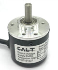 Smooth 1000PPR Incremental Encoder With A And B Quadrature Signals 90 Degree Phase For Microcontrollers 5V Output 6mm Solid Shaft Includes 2m Cable Totally Awesome For Arduino Projects, front view showing specifications label.