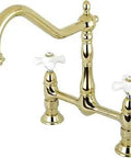 Heritage Bridge Kitchen Faucet In Polished Brass With Solid Brass Construction Drip Free Ceramic Disc Cartridge Spout Reach 9 1 16 Inches