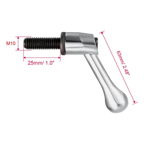 M10 X 25mm Adjustable Clamping Lever With Push Button Locking, 63mm Lever, Silver Tone Steel, 2 Piece Set, Side View, Dimensions Shown