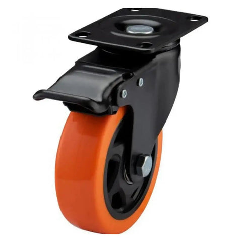 4 Inch Orange Floral Ventilated Swivel Brake Caster With Locking Brake for light duty carts, close-up view.