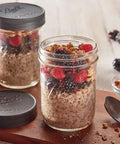 Awesome Leak Proof Plastic Lids for Wide Mouth Mason Jars for canning, featuring BPA free lids with ridge edge grip, shown on jars with breakfast parfait.