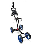Game Changing Foldable Four Wheel Golf Push Cart With Quick Collapse Frame And Massive Gear Bin, black and blue, side view, compact design.