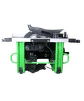 Knockout 10 Inch Mini Table Saw With Sleek Sliding Table And Dust Free Design For Smooth Woodworking Cuts Rigged With A Badass 2200W Motor; side view of compact saw showing motor and dust extraction.