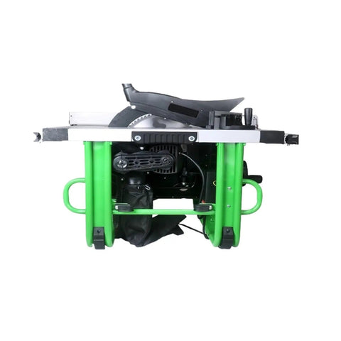 Knockout 10 Inch Mini Table Saw With Sleek Sliding Table And Dust Free Design For Smooth Woodworking Cuts Rigged With A Badass 2200W Motor; side view of compact saw showing motor and dust extraction.