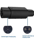 No Sweat Type Two Euro Adapter For Tesla Charging Plug 32 Amp Input 110 To 220 Volt Outlet 7Kw Fast Charge Connector on black background showing connections.