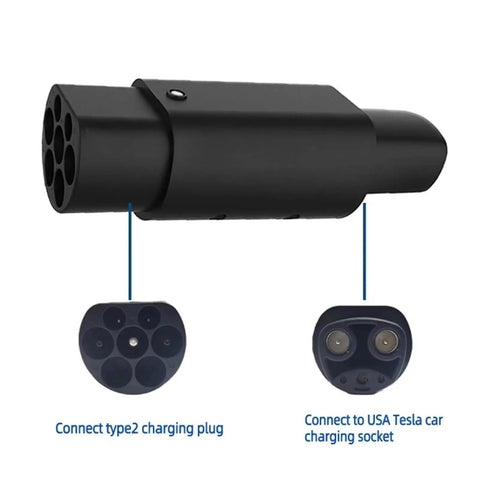 No Sweat Type Two Euro Adapter For Tesla Charging Plug 32 Amp Input 110 To 220 Volt Outlet 7Kw Fast Charge Connector on black background showing connections.