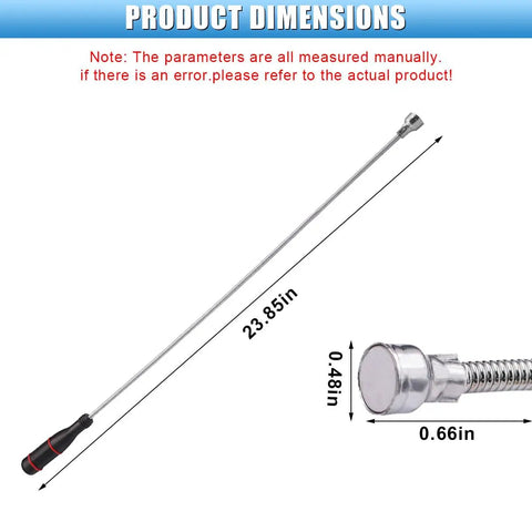 Flexible Magnetic Pickup Tool 24 Inch Bendable Snake Grabber For Hard To Reach Areas And For Car Keys Screws Nuts Bolts USB Drives And Sink Drains Big Head Long Reach dimensions diagram