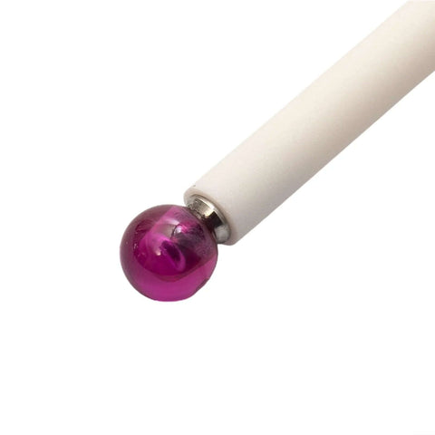 CMM touch probe stylus with pink 6mm ceramic ball, M4 threaded handle, 100mm length (front view)