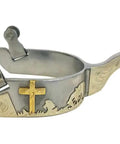 Men's Sweet Iron Praying Cowboy Spurs With Hand Engraved Silver Overlay, Two Inch Raised Shank And One Quarter Inch Ten Point Rowels