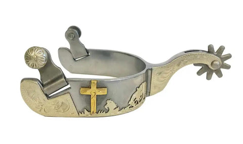 Men's Sweet Iron Praying Cowboy Spurs With Hand Engraved Silver Overlay, Two Inch Raised Shank And One Quarter Inch Ten Point Rowels