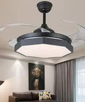 Invisible 42 Inch Reversible Ceiling Fan With Lights And Remote Control Sleek Dope Retractable Blades Chandelier Style Black in living room