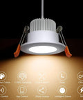 Smart 2 Inch LED Recessed Downlight Kit With RGB Color Changing WiFi Enabled Dimmable 2700K to 6500K 5W Ceiling Light That Plays Nice With Alexa And Google Home 120V LED Driver 4 Pack showing lighting features.