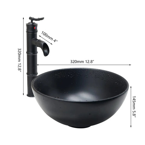 Matte Black Ceramic Vessel Sink With Deck Mounted Waterfall Faucet, Round Wash Basin, Bamboo Style Brass Mixer Tap, 12.8x5.8 in