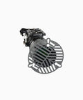 Front view of a technical device with a grid pattern and valve, showcasing intricate design elements.