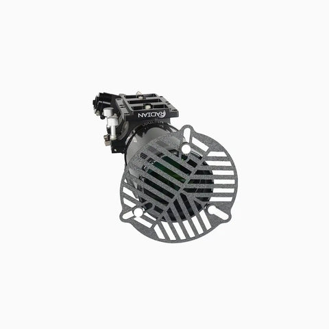Front view of a technical device with a grid pattern and valve, showcasing intricate design elements.