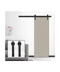 Top Shelf Heavy Duty Single Barn Door Hardware Kit Matte Black Sliding Track System showcasing a beige door with matte black fittings.
