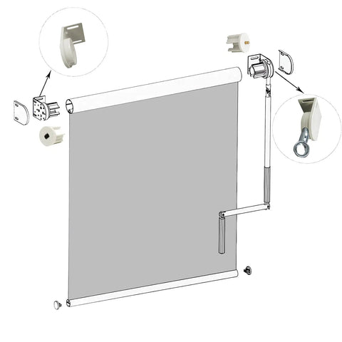 Roller Blind Installation Bracket Kit For Indoor And Outdoor Sunshades with cordless crank brackets and installation parts shown