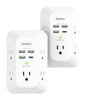 Two Pack USB Wall Charger Surge Protector With Five Outlets And Four USB Ports Including USB C For Home Office Use White