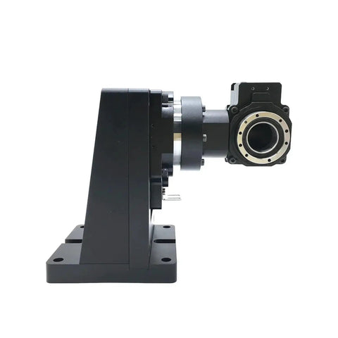 Rock Solid Heavy Duty 5 Axis Electric Hollow Rotary Indexing Table With DD Motor Drive For Robotic Arm Builds side view with robust design and motor.