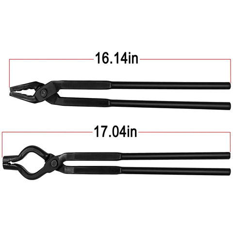 Badass Wolf Jaw And V Bit Tongs Set For Forging And Knife Making featuring 16.14in and 17.04in lengths