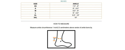 Size chart and measurement guide for 849 Ultra Gel Lace Up Ankle Support With Internal Gel Cushions For All Day Comfort Pre Curved Tongue