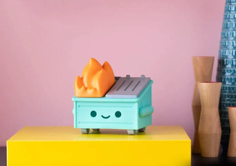 Flickering Dumpster Fire Night Light With Realistic LED Flame, Touch Activated Lit Desk And Hallway Accent, cozy pastel design on yellow box
