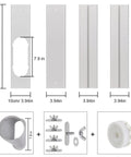 Portable Air Conditioner Window Vent Kit with 5.9 Inch Exhaust Hose, plates, and tape, showing dimensions and components.