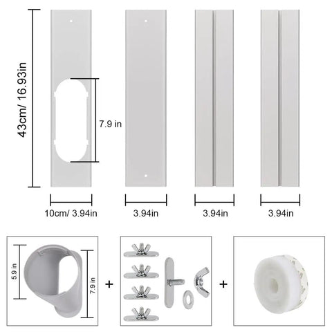Portable Air Conditioner Window Vent Kit with 5.9 Inch Exhaust Hose, plates, and tape, showing dimensions and components.