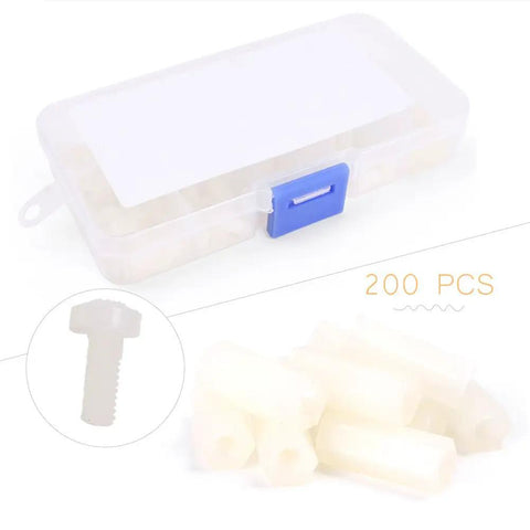 200 Piece M2.5 Nylon White Standoff Spacers Set With Male And Female Bolts And Nuts For DIY Projects gear set in storage box