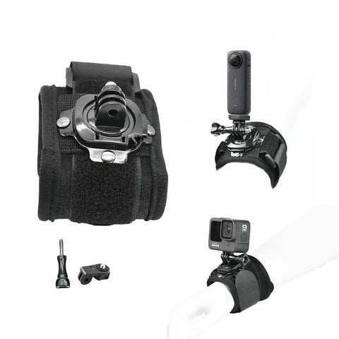 No Fuss All In One Mount Bundle showing wrist mount for Insta360 and GoPro Hero with camera attached, black fabric, adjustable fit.