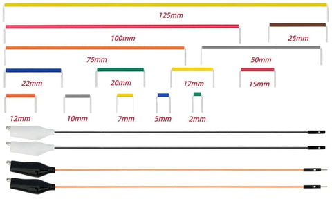 840 Piece Breadboard Jumper Wires Kit With Fourteen Lengths From Two Millimeters To One Hundred Twenty Five Millimeters For Arduino Projects And DIY Electronics Includes Sixty Wires Per Size For Easy Prototyping Made For Makers displayed by size with clips.