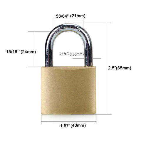 Solid Brass Padlock Set With Keyed Different Locks 12 Pack Includes 24 Keys Tough As Nails Security For Backpacks Luggage Bags Closets And Travel Gear Durable Rust Resistant Mechanism shown with dimensions