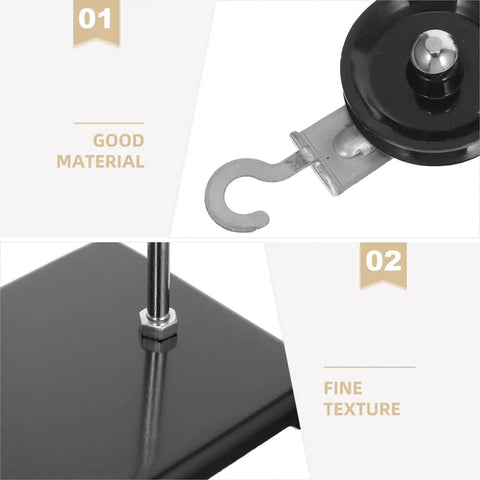 Close-up of Pulley Block And Tackle Set With Stand For Physics Class showcasing hook and metal stand detail