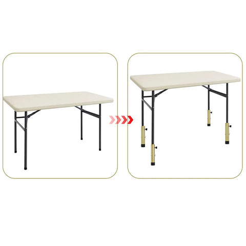 Heavy Duty Table Leg Extenders For Folding Tables No Sweat Adjustable Furniture Risers Rock Solid Height Boosters shown adjusting a table's height.