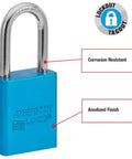 Aluminum Padlock One And A Half Inch Wide Body With Blue Anodized Finish Corrosion And Spark Resistant OSHA Compliant Lock