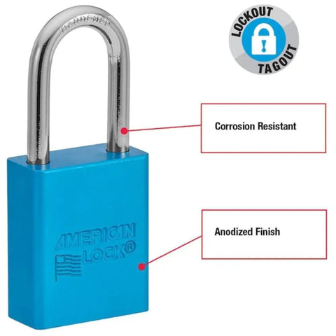 Aluminum Padlock One And A Half Inch Wide Body With Blue Anodized Finish Corrosion And Spark Resistant OSHA Compliant Lock