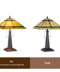 Cream Tiffany Style Table Lamp With 24 Inch Tall, 16 Inch Square Stained Glass Shade lit and unlit, resin base, mission desk light