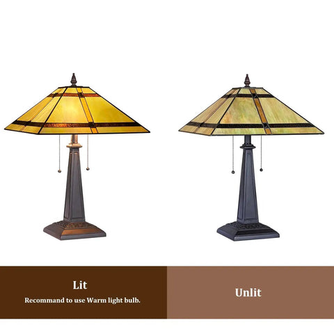 Cream Tiffany Style Table Lamp With 24 Inch Tall, 16 Inch Square Stained Glass Shade lit and unlit, resin base, mission desk light