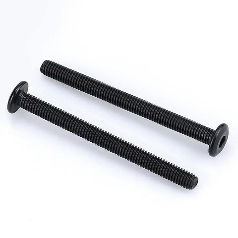 10 Sets Top Shelf M6 75mm Black Coated Flat Head Socket Cap Screws With Binding Nuts And 4mm Hex Wrench close up view of two screws