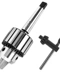 Heavy Duty MT2 Drill Chuck Assembly With Half Inch Capacity For Lathe Tailstock And Precision Shops Made Tough To Handle Any Daily Grind Job Ready With Key, showing the assembled chuck and key.