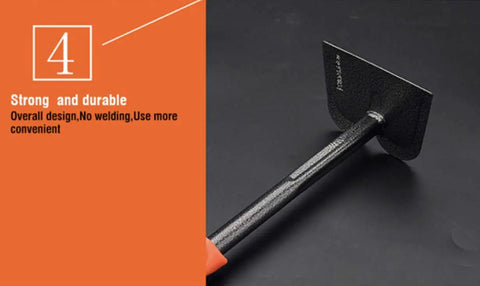 Heavy Duty Carbon Steel Hand Hoe With Ergonomic Rubber Grip For Weeding And Soil Turning Great For Planting And Yard Prep Rust Resistant Powder Coated Finish, showing strong and durable design with a textured handle and blade.