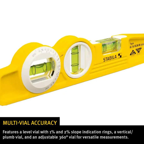 Yellow Die Cast Torpedo Level with Protractor Vial and Adjustable 360 Degree Vial, Multi Vial Accuracy, 1% and 2% Slope Rings