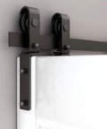 Close-up of side-mounted black rollers for 52 Inch Bi Folding Barn Door Hardware Track Kit With Side Mounted Black Rollers For Double 24 Inch Bifold Doors Smooth Quiet Operation And Easy Install Space Saving Sliding Hardware Door Not Included