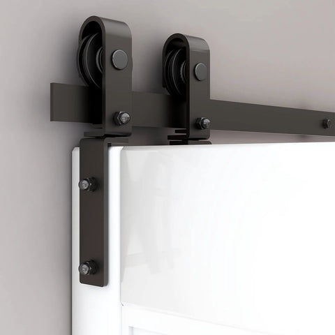 Close-up of side-mounted black rollers for 52 Inch Bi Folding Barn Door Hardware Track Kit With Side Mounted Black Rollers For Double 24 Inch Bifold Doors Smooth Quiet Operation And Easy Install Space Saving Sliding Hardware Door Not Included