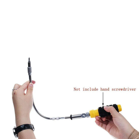 Two Piece Workhorse Flexible Extension Drill Bit Holder With Magnetic Quarter Inch Hex Shank Flex Shaft in use, handheld