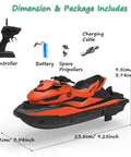 High Speed 2.4GHz RC Jet Ski Toy With Dual Propellers For Water Fun, shown with controller, battery, and accessories, in bright orange