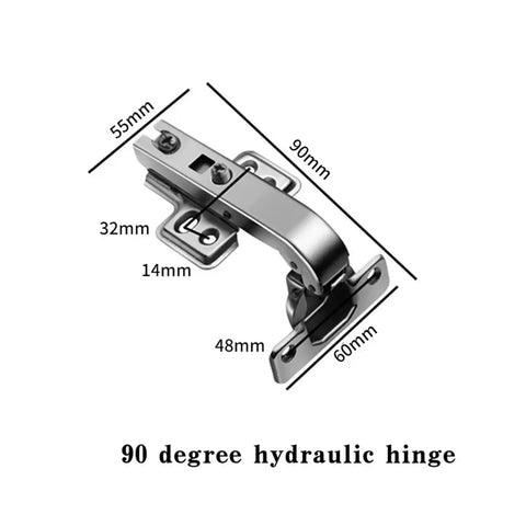 Soft Closing 45/90 Degree Door Hinge With Hydraulic Damper For Cabinets, chrome finish, dimensions shown, 90 degree view